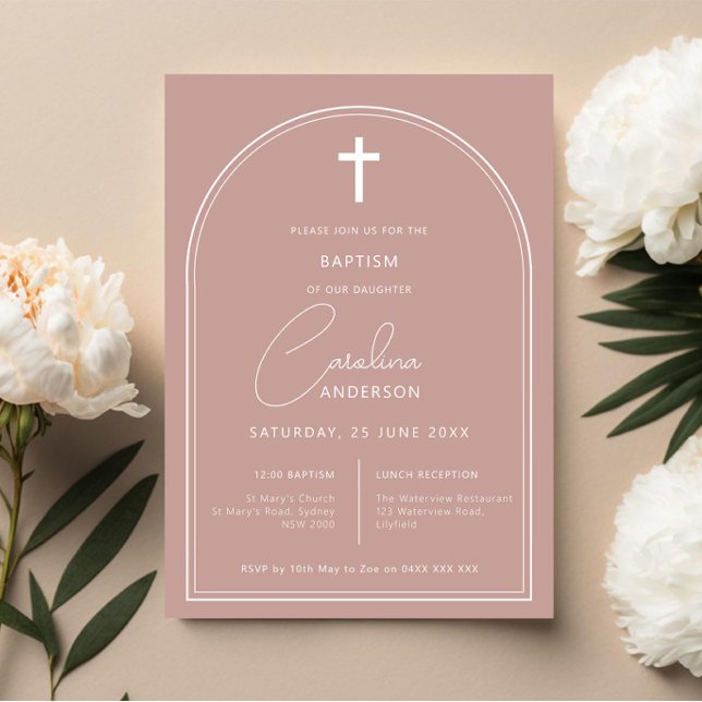 Minimalist simple arch pink baptism invitation (Creator Uploaded)