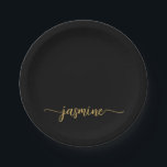 Minimalist Simple Black Gold Girly Monogram Script Paper Plate<br><div class="desc">Girly Minimalist Simple Clean Black And Gold Monogram Name Signature Script Custom Personalised Paper Plates. This design featuring your first name in a pretty hand lettered style swash tail font signature typography (or calligraphy) on black and gold background. These are easy to customise it. Great for housewarming, also for birthday,...</div>
