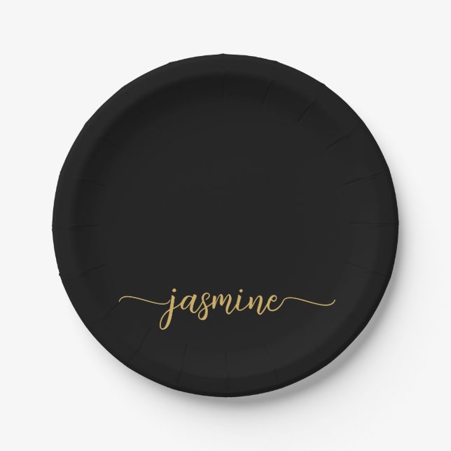 Minimalist Simple Black Gold Girly Monogram Script Paper Plate (Front)