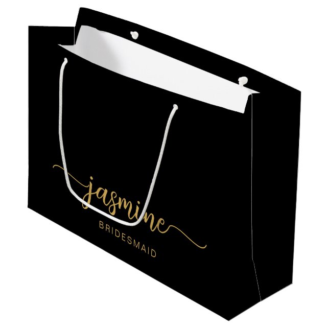 Minimalist Simple Black Gold Monogram Girly Script Large Gift Bag (Front Angled)