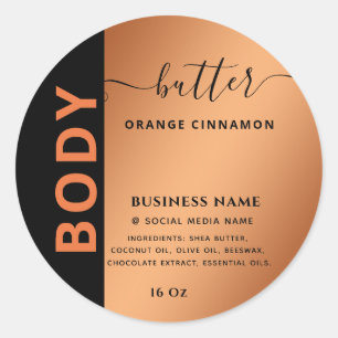 Minimalist simple black orange script body butter classic round sticker
