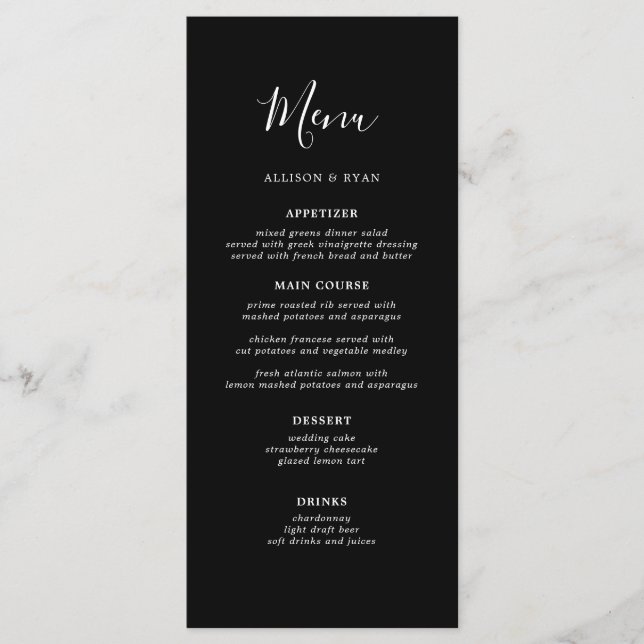 Minimalist Simple Black Wedding Menu (Front)