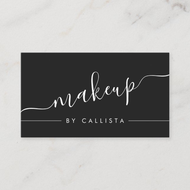 Minimalist Simple Black White Script Makeup Business Card (Front)