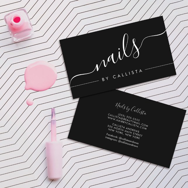 Minimalist Simple Black White Script Nails Business Card (Creator Uploaded)