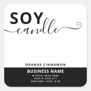 Minimalist simple black white script soy candle square sticker