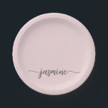 Minimalist Simple Blush Pink Girly Monogram Script Paper Plate<br><div class="desc">Girly Minimalist Simple Clean Blush Pink Monogram Name Signature Script Custom Personalised Paper Plates. This design featuring your first name in a pretty hand lettered style swash tail font signature typography (or calligraphy) on dusty pink or pastel light blush pink background. These are easy to customise it. Great for housewarming,...</div>