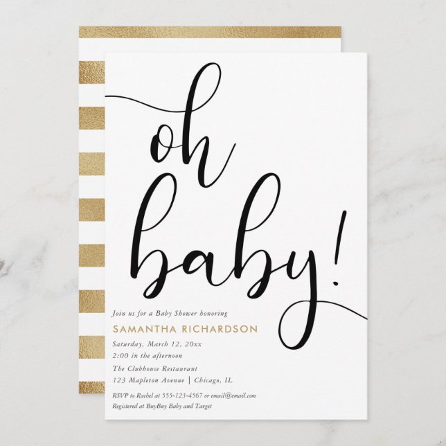 Minimalist simple faux gold foil black white baby invitation (Front/Back)