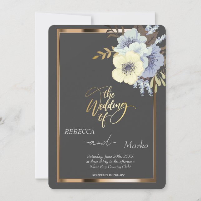 Minimalist Simple Floral,Gold Frame invitation  (Front)