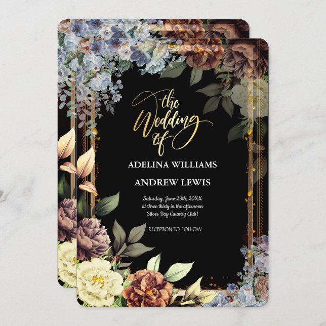 Minimalist Simple Flowers Rose,Gold Frame Wedding Invitation (Front/Back)