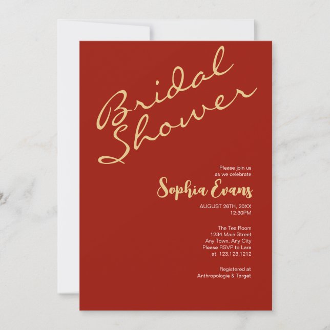 Minimalist & Simple Gold Cherry Red Bridal Shower Invitation (Front)