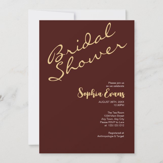 Minimalist & Simple Gold & Mahogany Bridal Shower Invitation (Front)