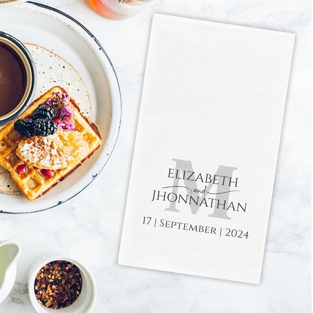 Minimalist Simple Grey Monogram Name Date Wedding Napkin (Creator Uploaded)