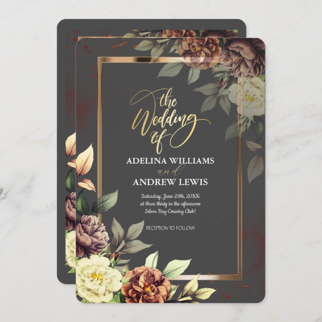 Minimalist Simple Grey, Rose Gold Frame Wedding Invitation (Front/Back)