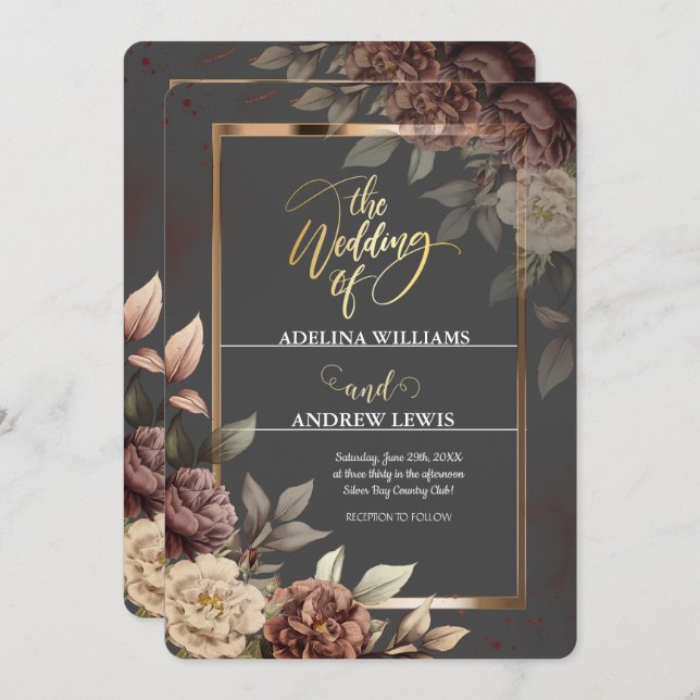 Minimalist Simple Grey, Rose Gold Frame Wedding Invitation (Front/Back)