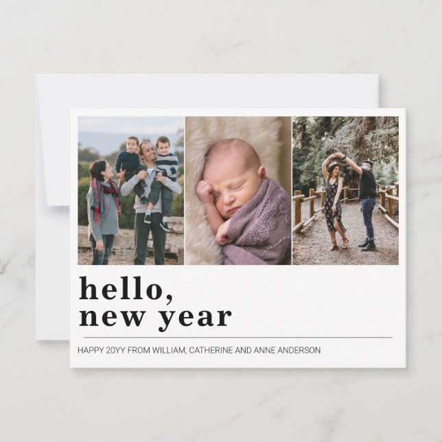 Minimalist Simple Hello Happy New Year 3 Photo Holiday Card (Front)