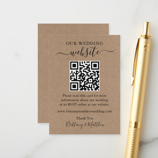 Minimalist Simple Kraft Wedding Website QR Enclosure Card (Front/Back In Situ)