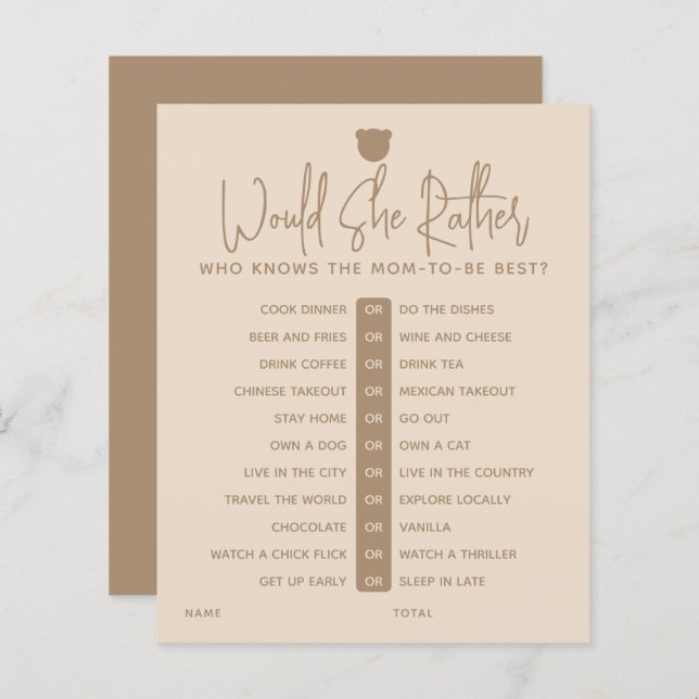 Minimalist simple modern bear Baby Shower Game  (Front/Back)