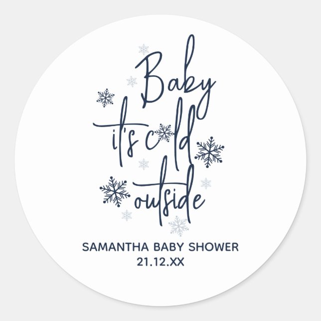 Minimalist simple modern winter Baby Boy Shower  Classic Round Sticker (Front)