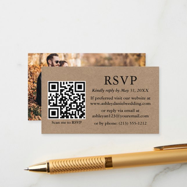 Minimalist Simple Photo Kraft Wedding QR RSVP Enclosure Card (Front/Back In Situ)