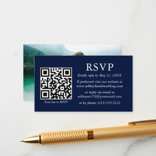Minimalist Simple Photo Wedding QR Blue RSVP Enclosure Card
