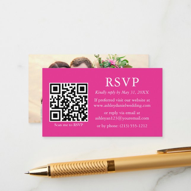 Minimalist Simple Photo Wedding QR Hot Pink RSVP Enclosure Card (Front/Back In Situ)