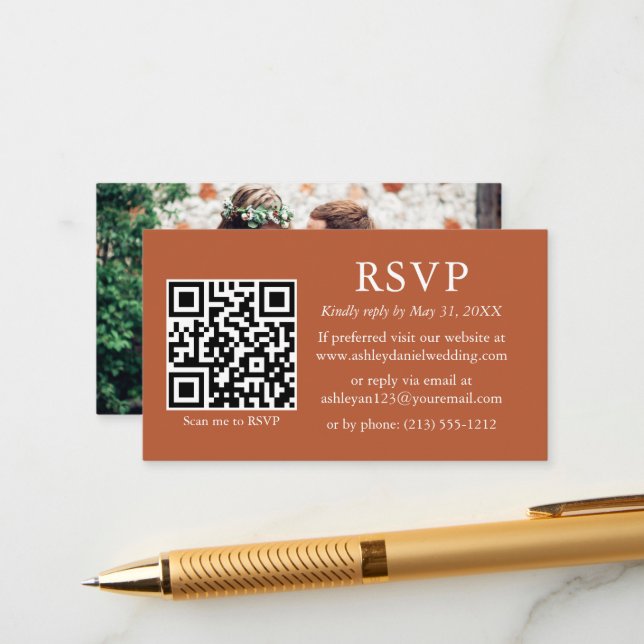 Minimalist Simple Photo Wedding QR Terracotta RSVP Enclosure Card (Front/Back In Situ)