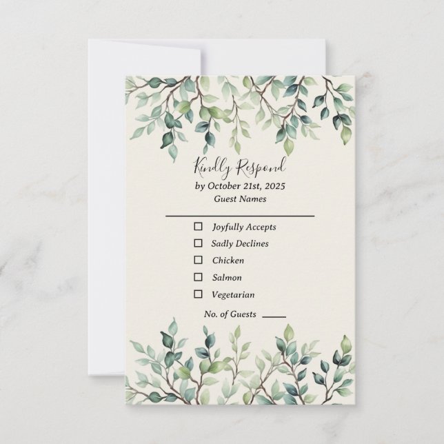 Minimalist Simple Pretty leaves branches wedding RSVP Card (Front)