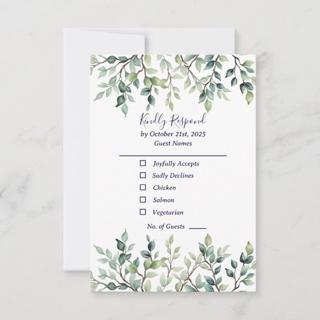 Minimalist Simple Pretty leaves branches wedding RSVP Card (Front)