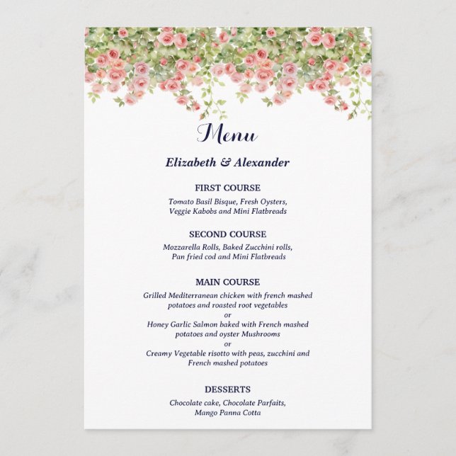 Minimalist Simple Pretty rose vine floral wedding Menu (Front)