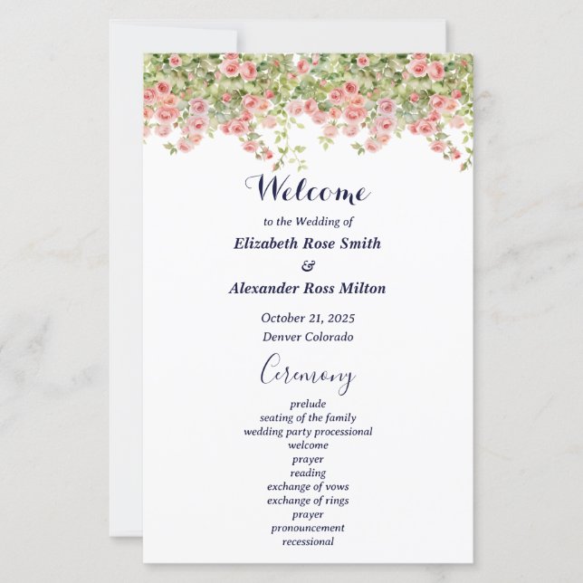 Minimalist Simple Pretty rose vine wedding program (Front)
