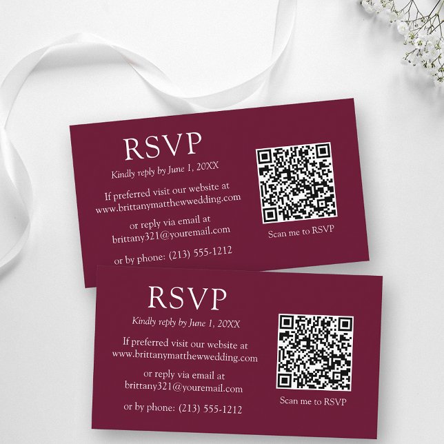Minimalist Simple QR Code Wedding Burgundy RSVP  Enclosure Card (Customize to change text size, color, style or to change background color of front and back of card.)