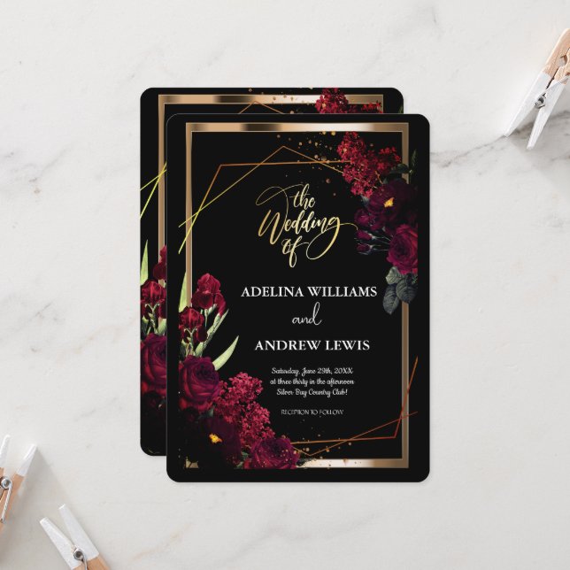 Minimalist Simple Red Rose,Gold Frame invitation  (Front/Back In Situ)