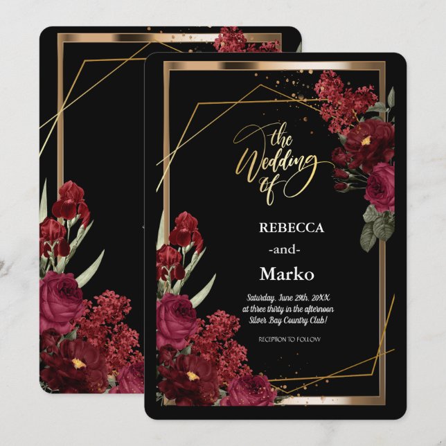 Minimalist Simple Red Rose,Gold Frame invitation  (Front/Back)