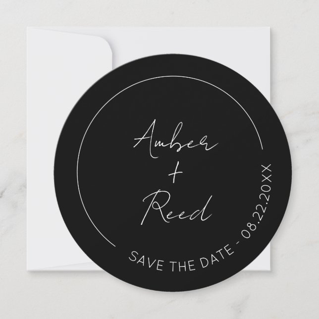 Minimalist Simple Script Black Round Circle Save The Date (Front)