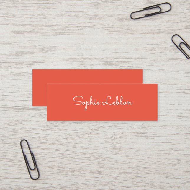 Minimalist Simple Script Name Orange-Red Mini Business Card (Front/Back In Situ)
