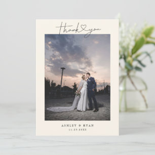 Minimalist Simple Script with Heart Wedding Photo Thank You Card