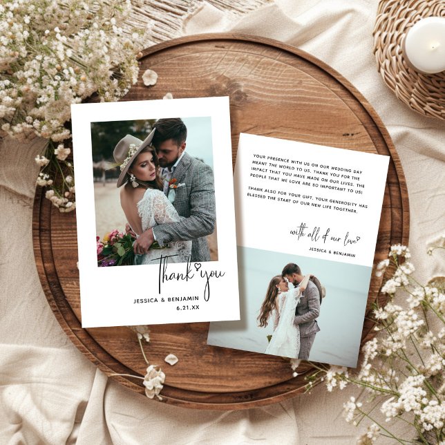 Minimalist Simple Script with Heart Wedding Photo  Thank You Card (Creator Uploaded)