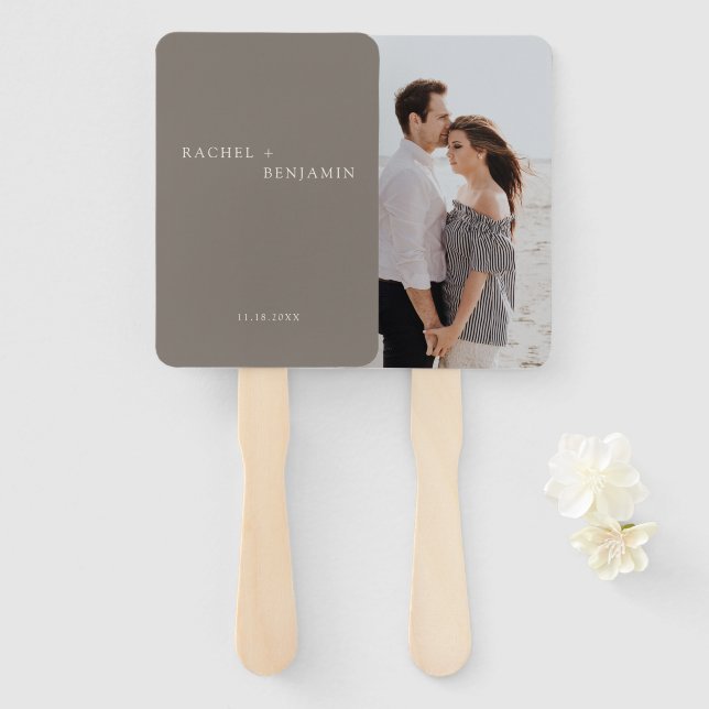 Minimalist Simple Taupe wedding Photo Custom Hand Fan (Front and Back)