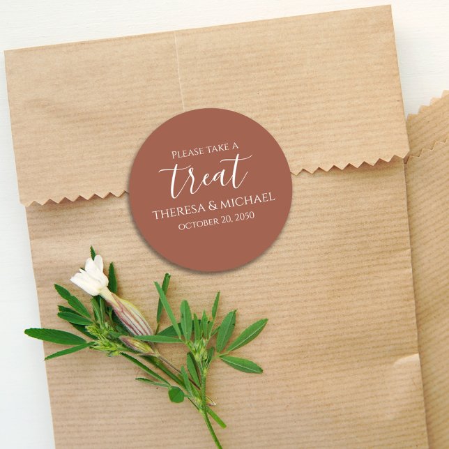 Minimalist Simple Terracotta Wedding Take a Treat  Classic Round Sticker (Creator Uploaded)