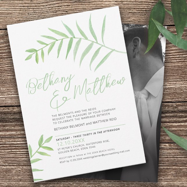 Minimalist simple watercolor leaves green white invitation (Creator Uploaded)