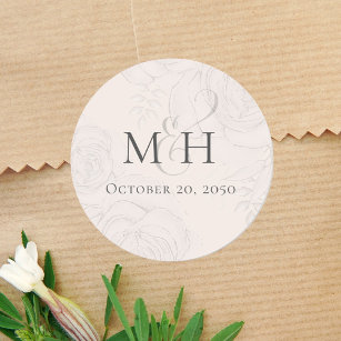 Minimalist Simple Wedding Monogram Blush Floral Classic Round Sticker