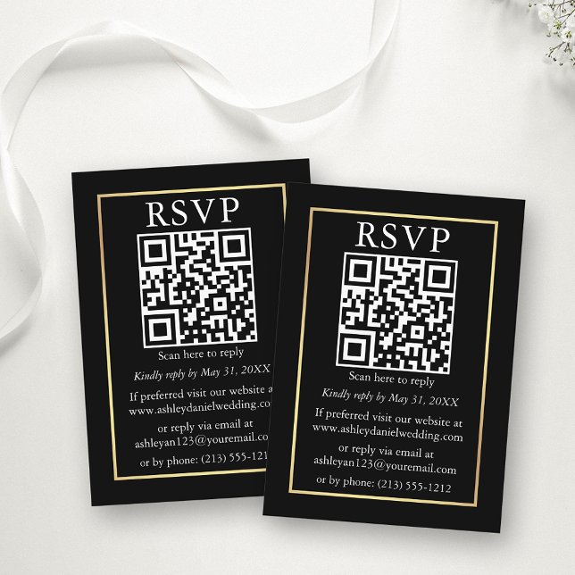 Minimalist Simple Wedding QR Gold Black RSVP Enclosure Card (Customize to change text style, size, background color or add more text or a photo to back of card.)