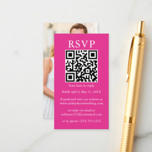 Minimalist Simple Wedding QR Photo Hot Pink RSVP Enclosure Card