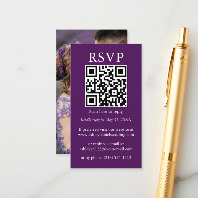 Minimalist Simple Wedding QR Photo Purple RSVP Enclosure Card (Front/Back In Situ)