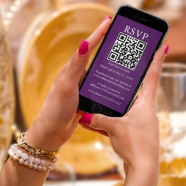 Minimalist Simple Wedding QR RSVP Purple Card (Customize to change text size,  text style or background color.)