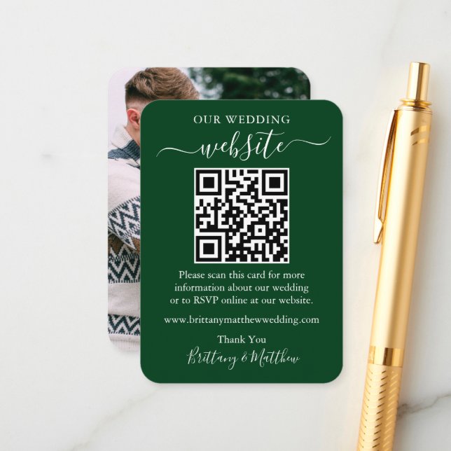 Minimalist Simple Wedding Website Photo QR Green Enclosure Card (Front/Back In Situ)