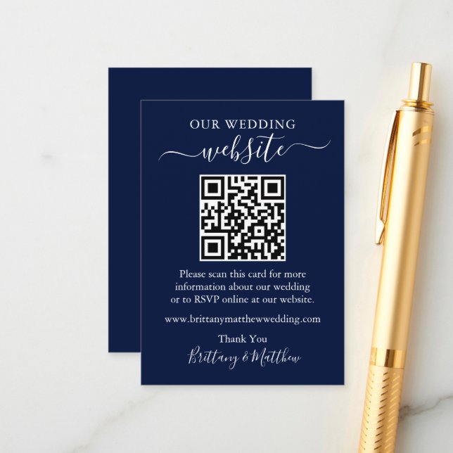 Minimalist Simple Wedding Website QR Blue Enclosure Card (Front/Back In Situ)