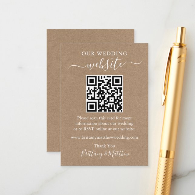 Minimalist Simple Wedding Website QR Kraft Enclosure Card (Front/Back In Situ)