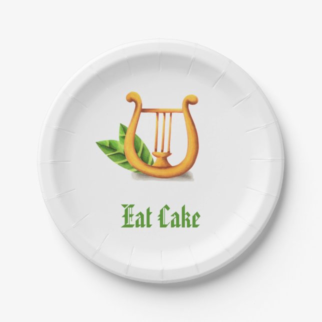 Minimalist Simple White Irish Golden Harp Eat Cake Paper Plate (Front)