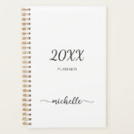 Minimalist Simple White Monogram Name 2023 Planner<br><div class="desc">Girly Feminine Minimalist Simple Clean White Monogram Name Signature Script Custom Personalised 2023 or any year Planner. This design featuring your first name in a pretty hand lettered style swash tail font signature typography (or calligraphy) in black on white colour background. These are easy to customise it. Great stylish feminine...</div>